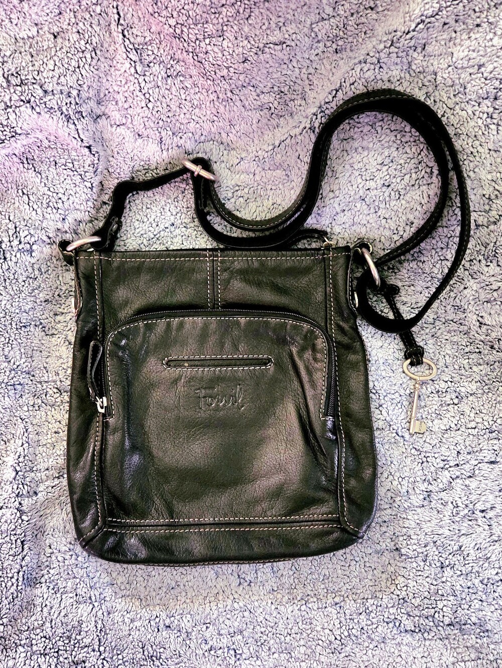 Vintage Fossil Black Leather Messenger Crossbody Bag